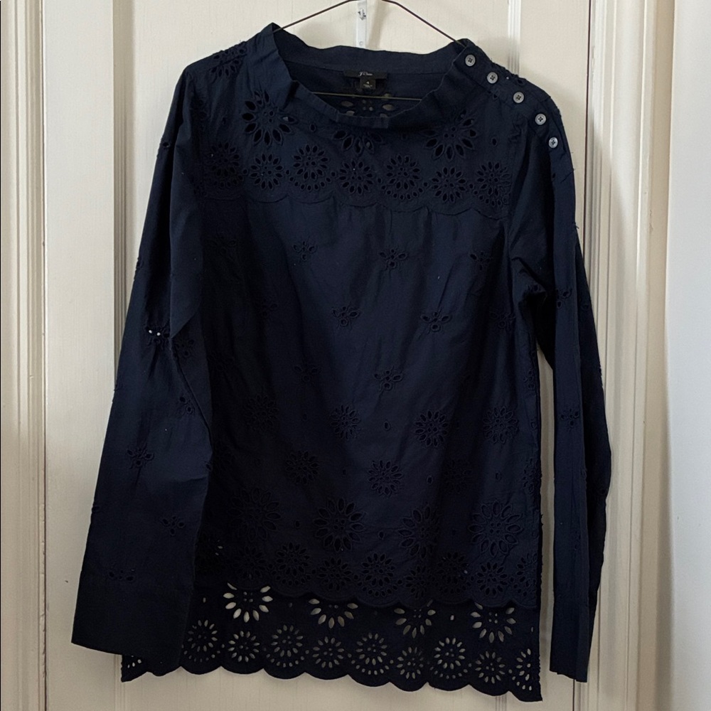 J. Crew Dark Blue Eyelet Blouse with Shoulder Buttons